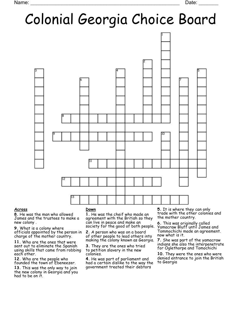 Colonial Georgia Choice Board Crossword