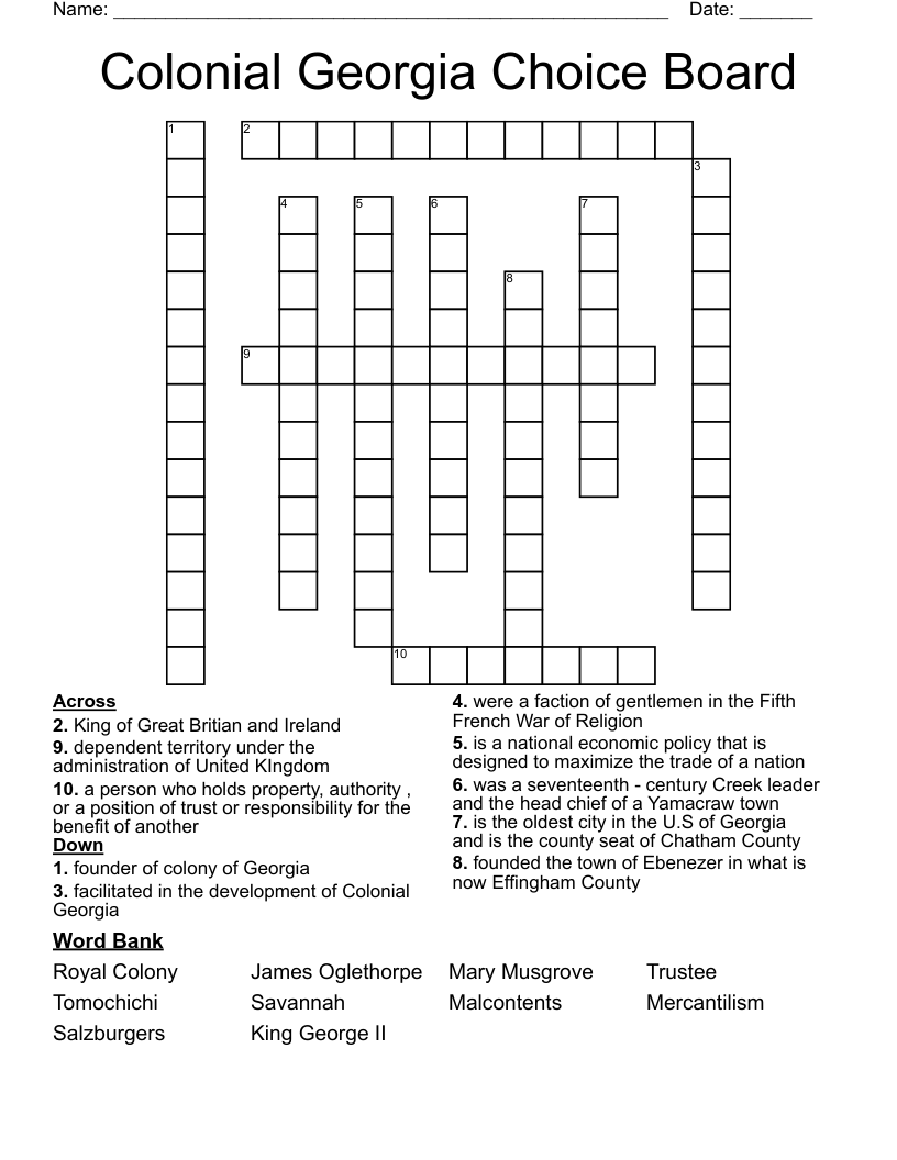Colonial Georgia Choice Board  Crossword