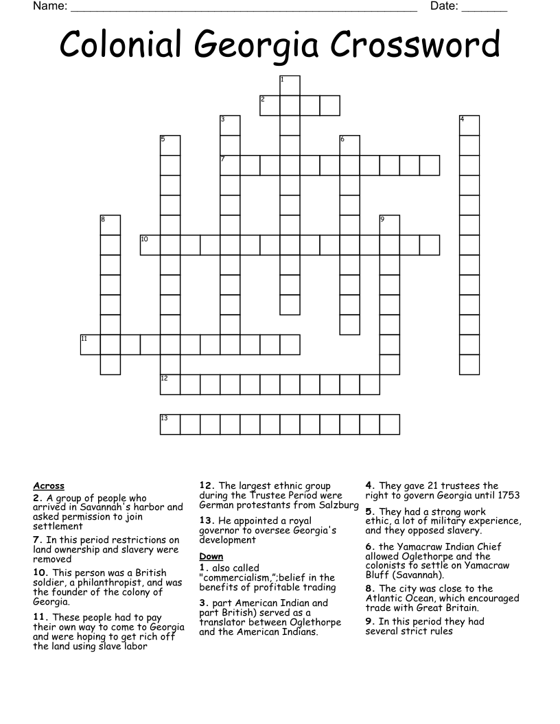 Colonial Georgia Crossword