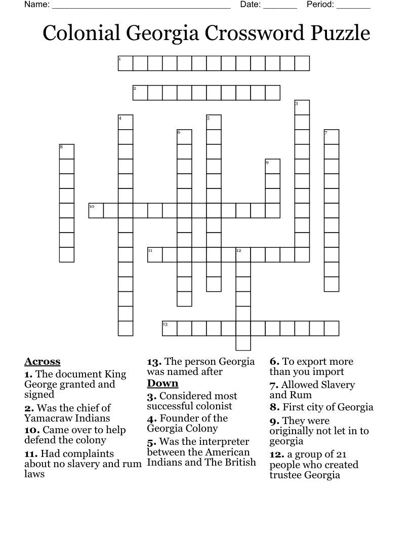 Colonial Georgia Crossword Puzzle