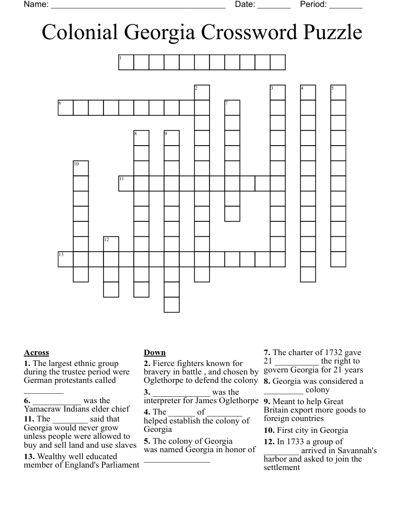Colonial Georgia Crossword Puzzle