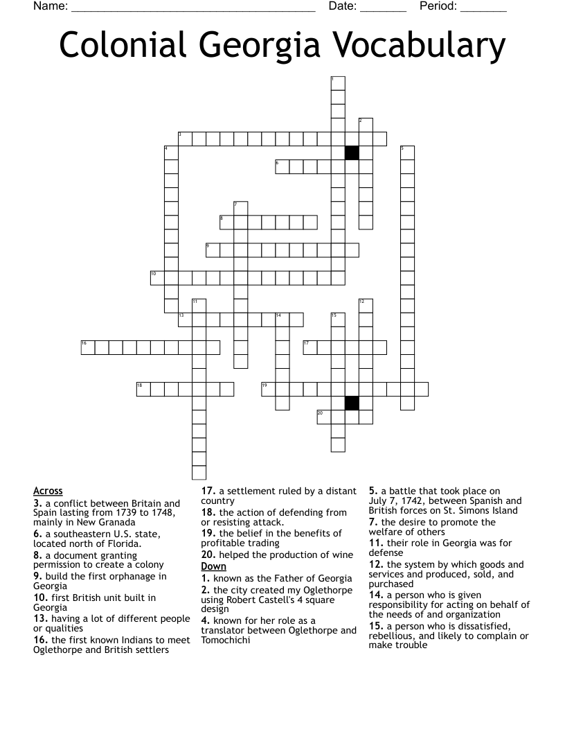 Colonial Georgia Vocabulary Crossword