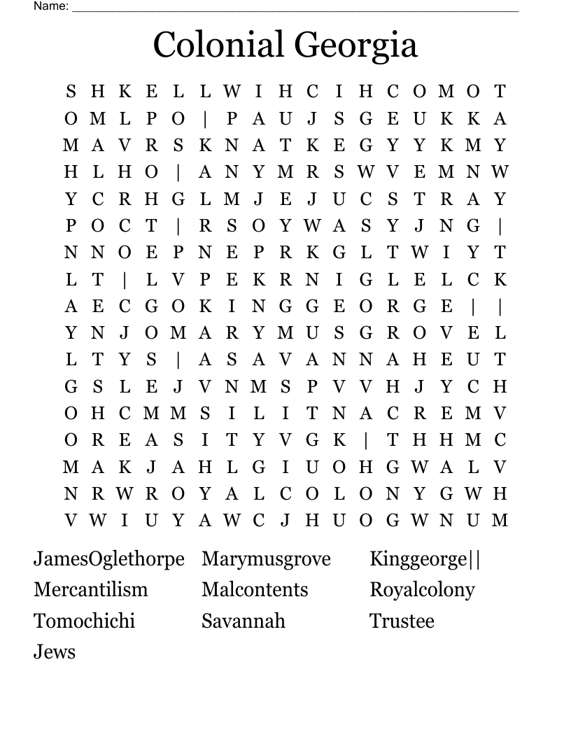 Colonial Georgia  Word Search
