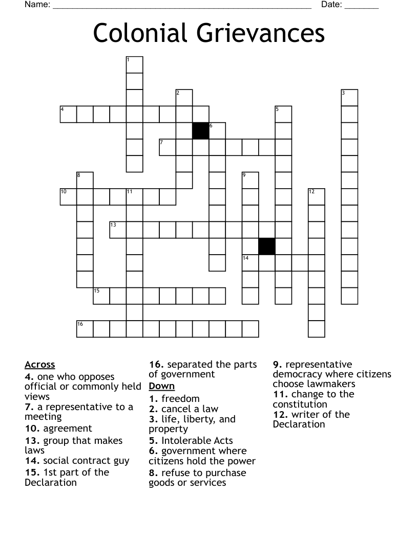 Colonial Grievances Crossword