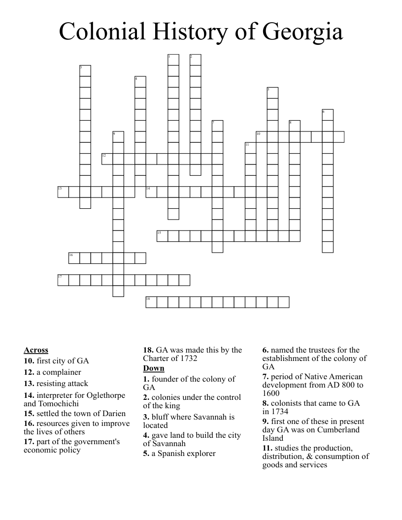 Colonial History of Georgia Crossword