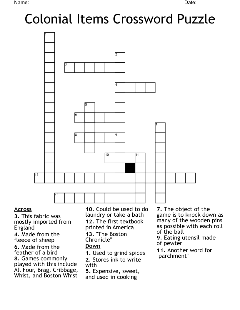 Colonial Items Crossword Puzzle