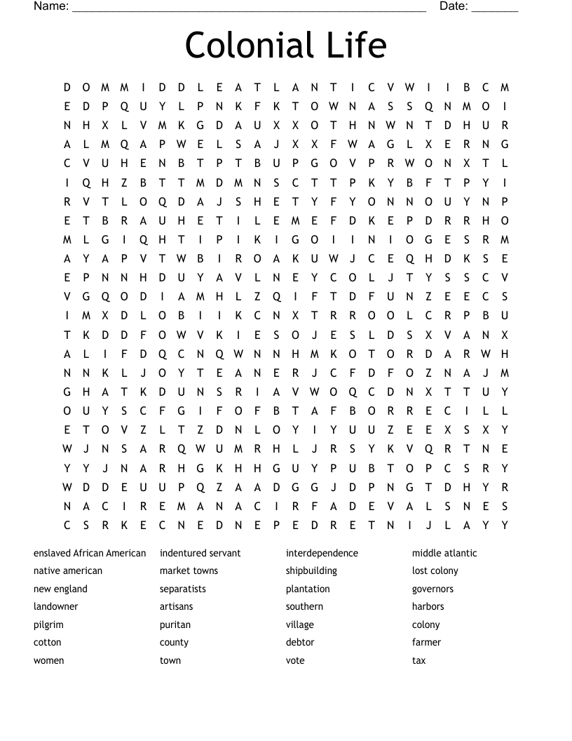 Colonial Life Word Search