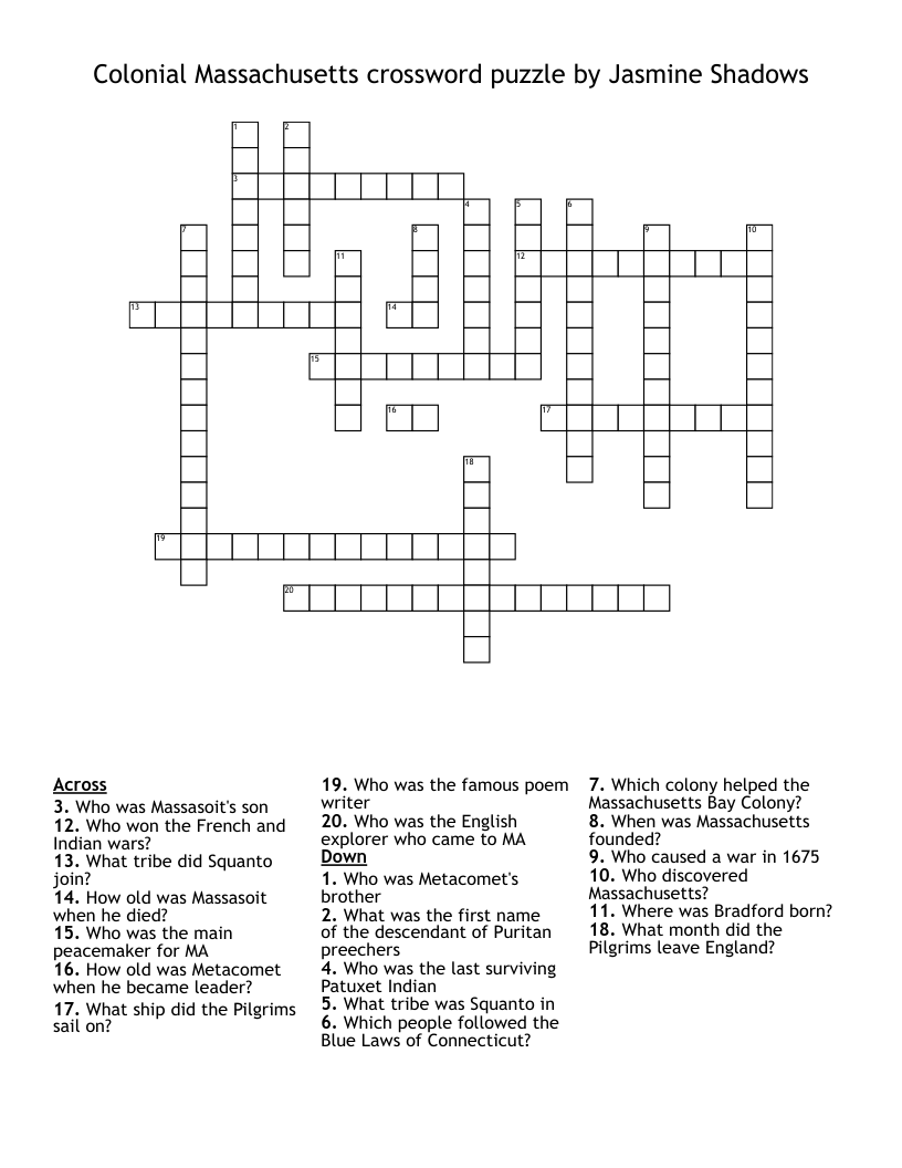 Colonial Massachusetts crossword puzzle by Jasmine Shadows
