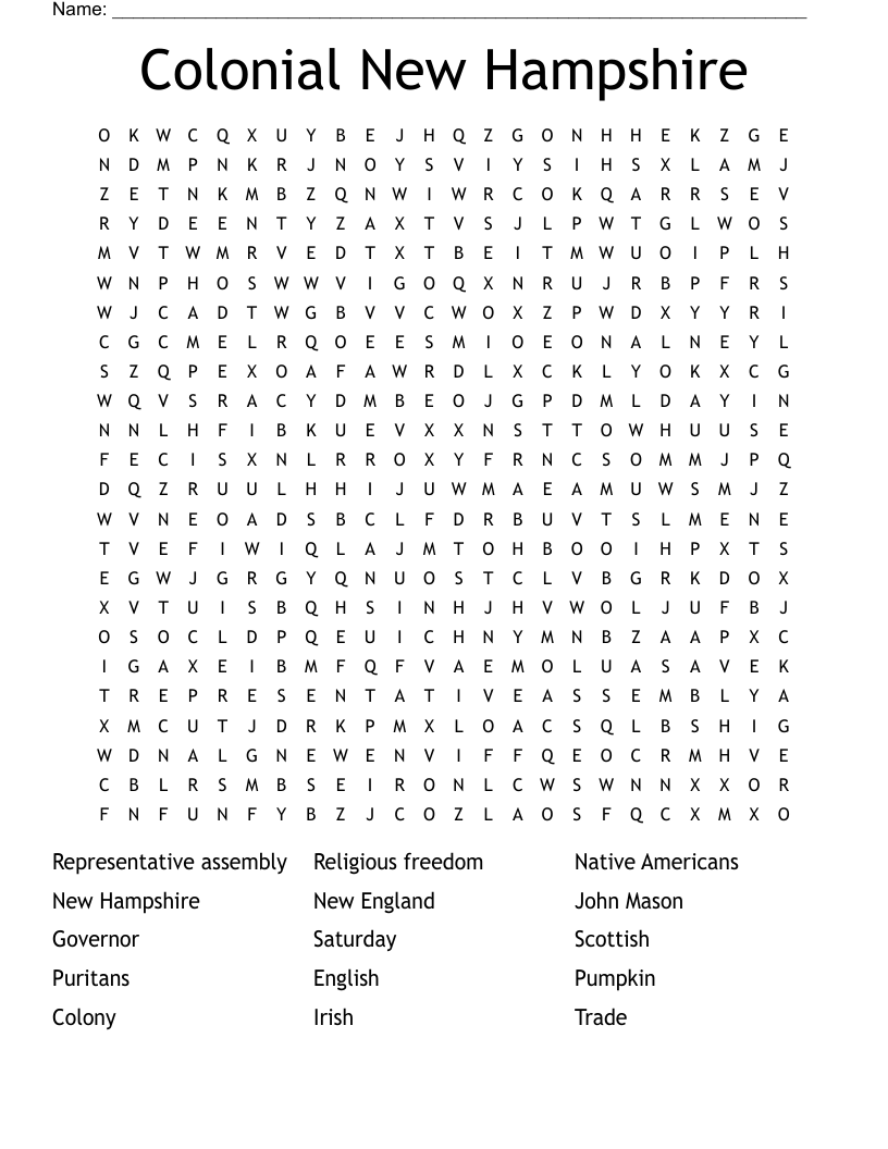 Colonial New Hampshire  Word Search