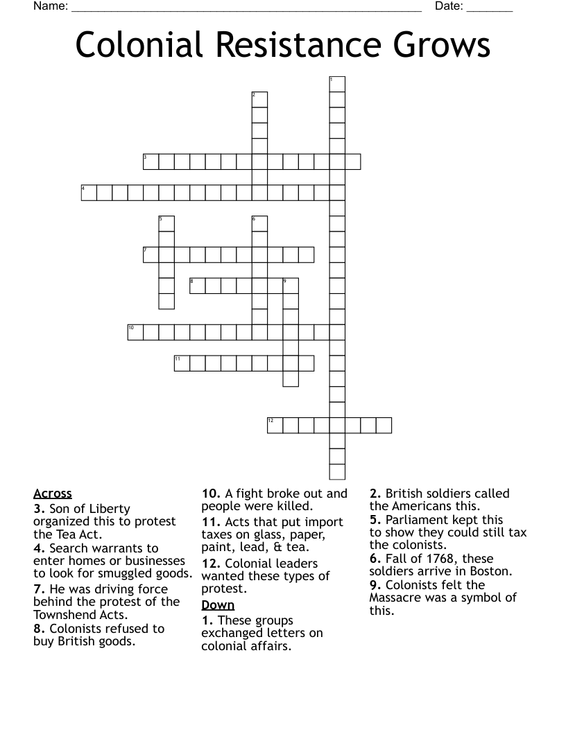 Colonial Resistance Grows Crossword