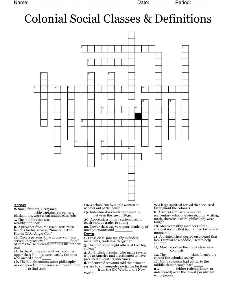 Colonial Social Classes & Definitions Crossword
