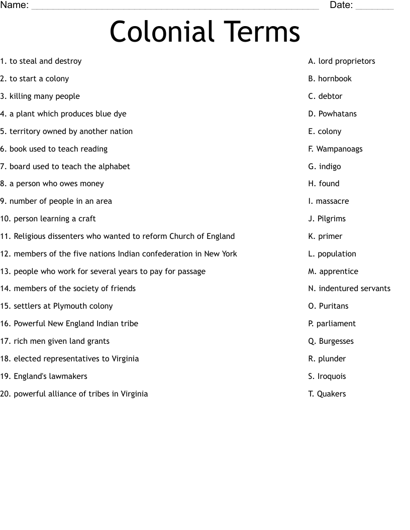 Colonial Terms Worksheet