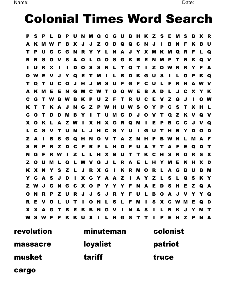 Colonial Times Word Search