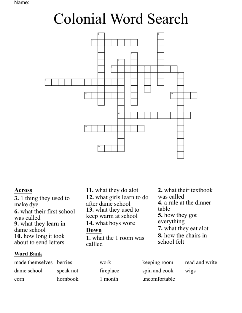 Colonial Word Search Crossword