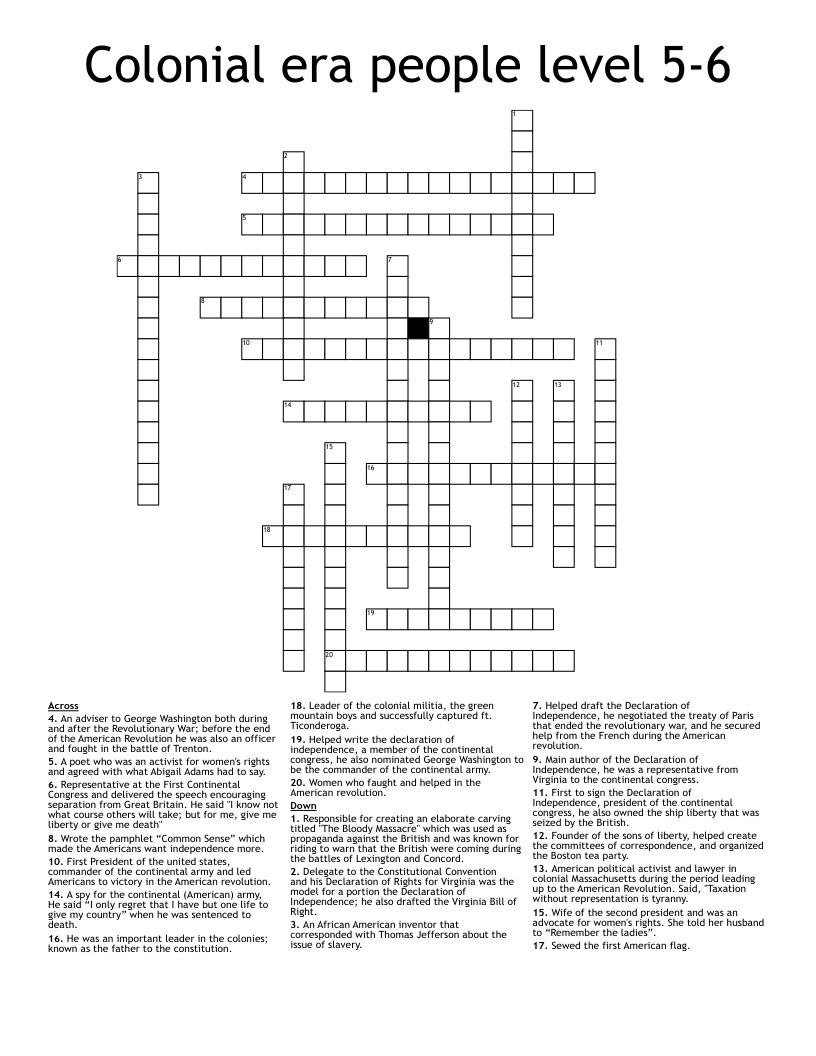 Colonial era people level 5-6 Crossword