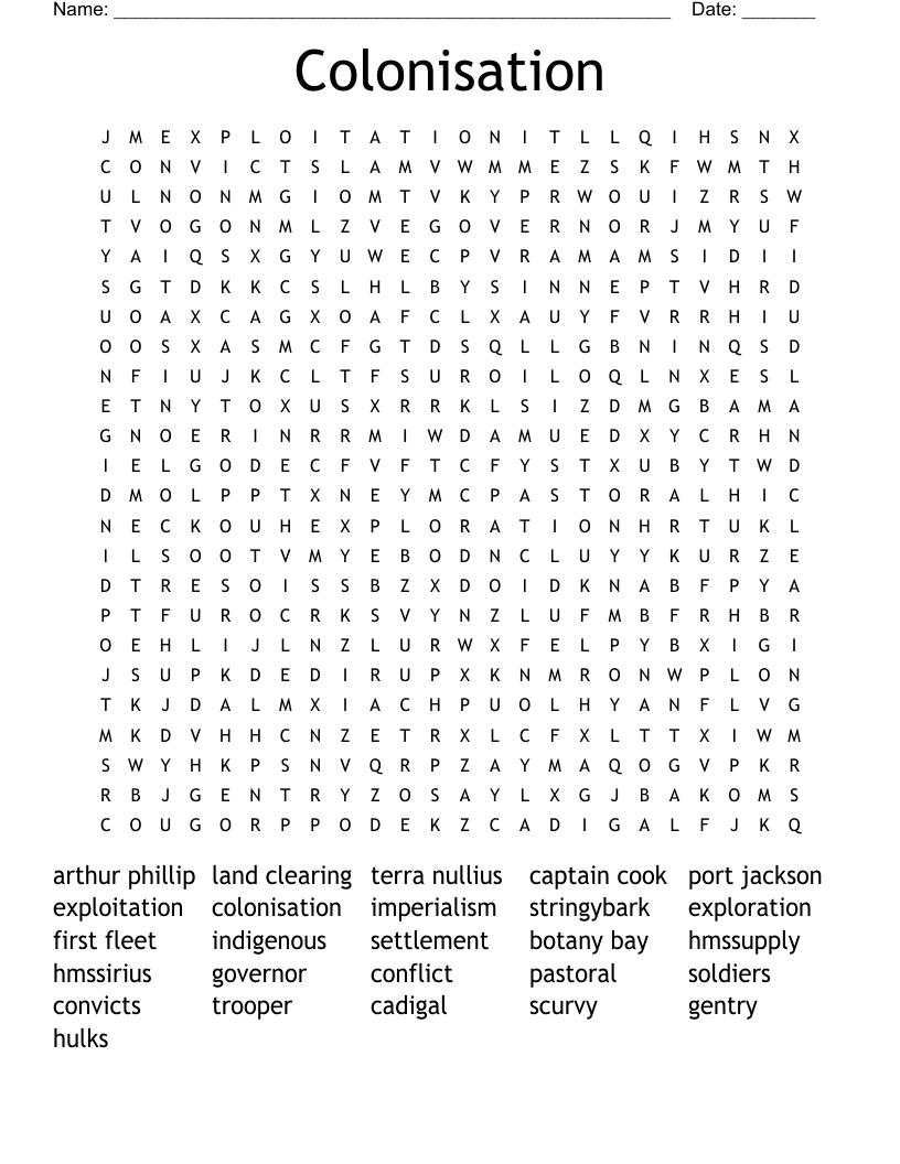 Colonisation Word Search