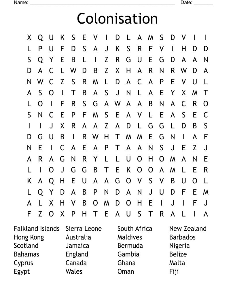 Colonisation Word Search