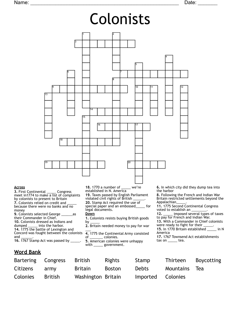 Colonists  Crossword