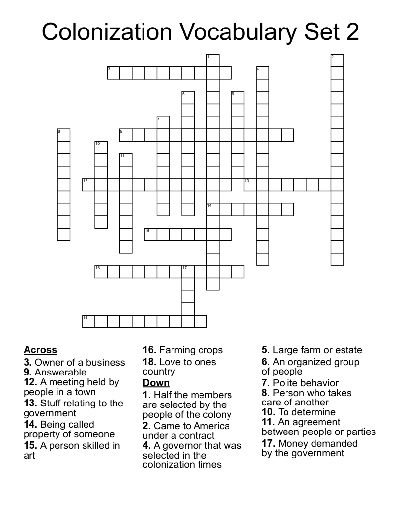 Colonization Vocabulary Set 2 Crossword