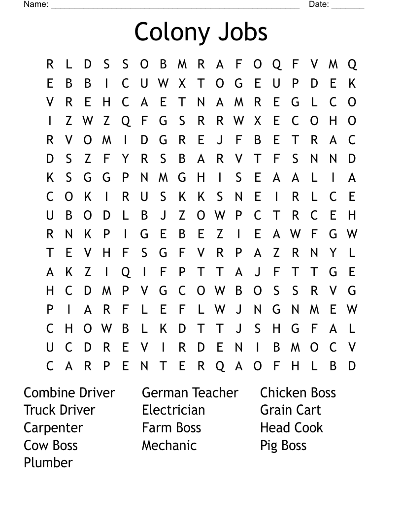 Colony Jobs Word Search