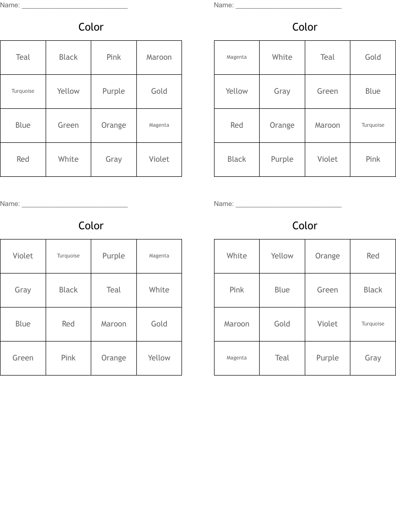Color Bingo Cards
