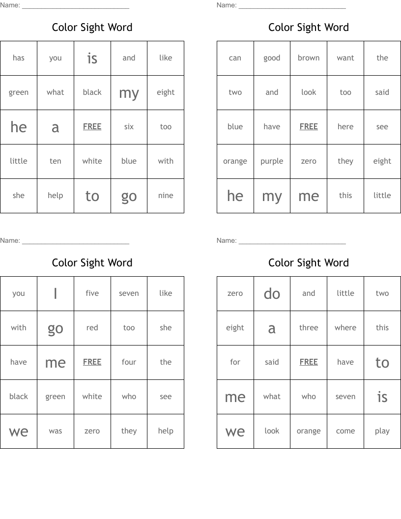 Color Sight Word Bingo Cards