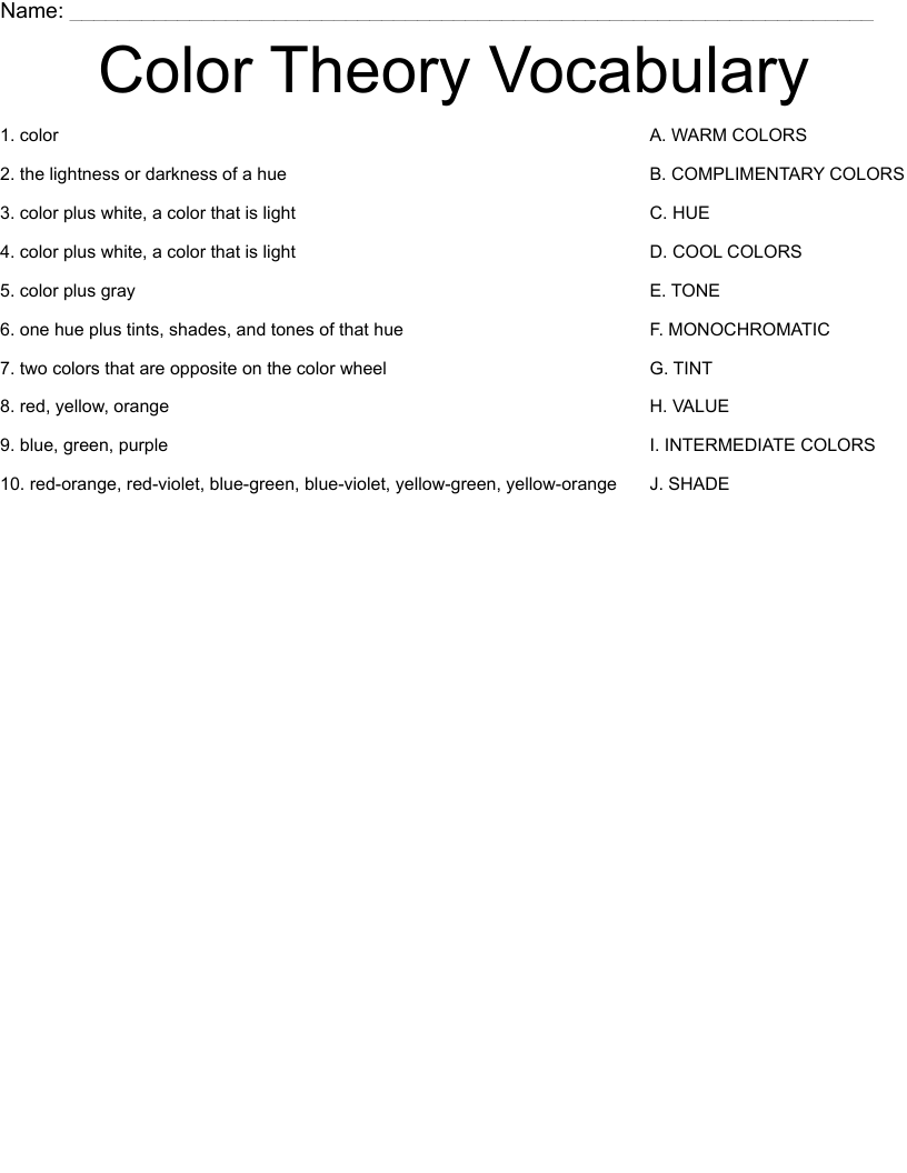Color Theory Vocabulary Worksheet