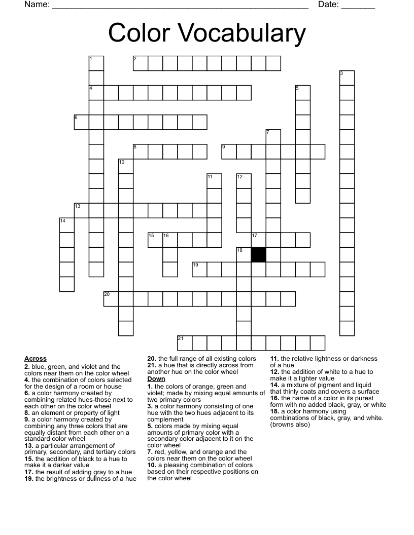 Color Vocabulary Crossword