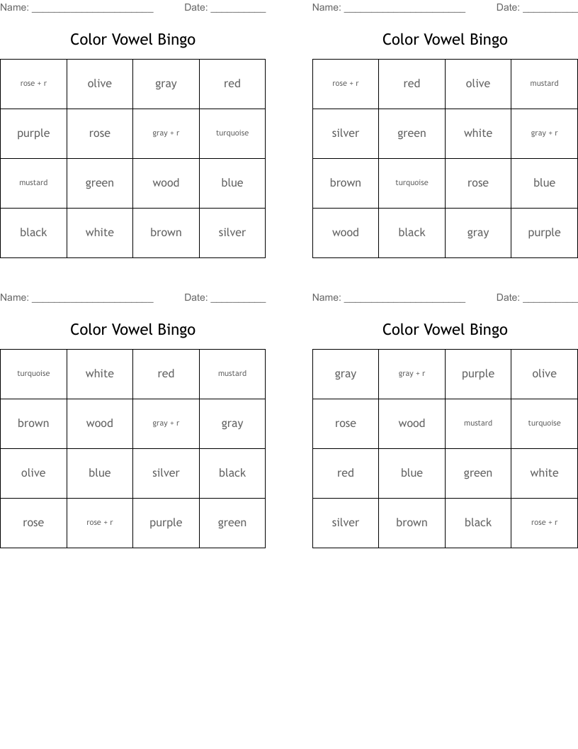 Color Vowel Bingo