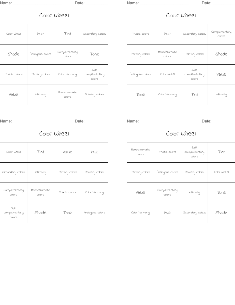 Color Wheel Bingo Cards