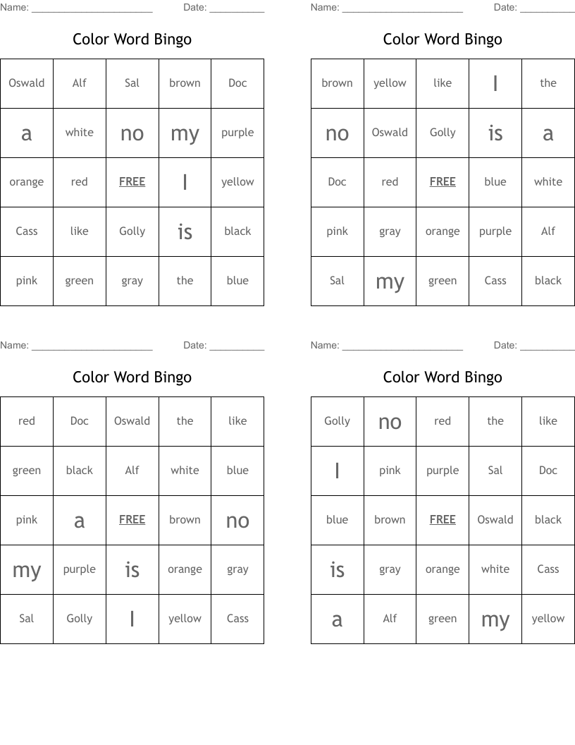 Color Word Bingo