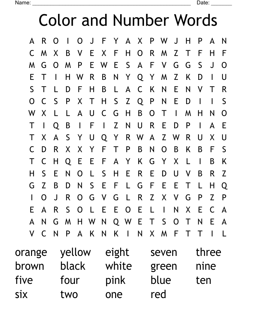 Color and Number Words Word Search