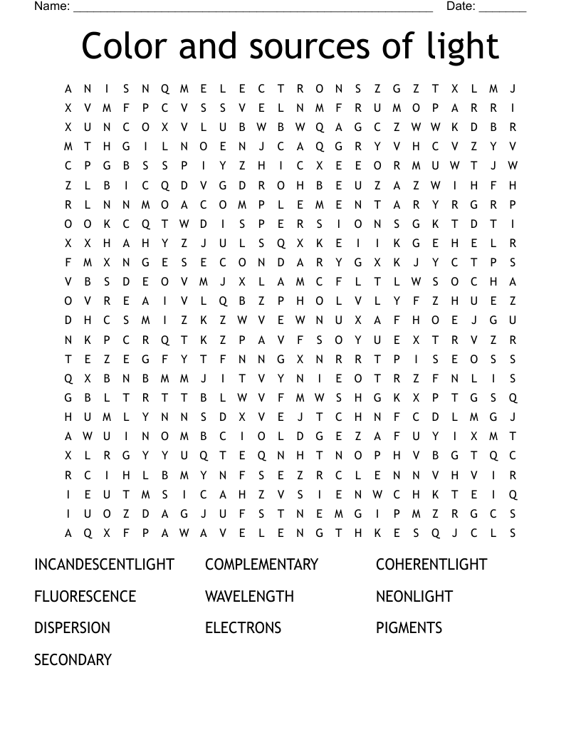Color and sources of light  Word Search