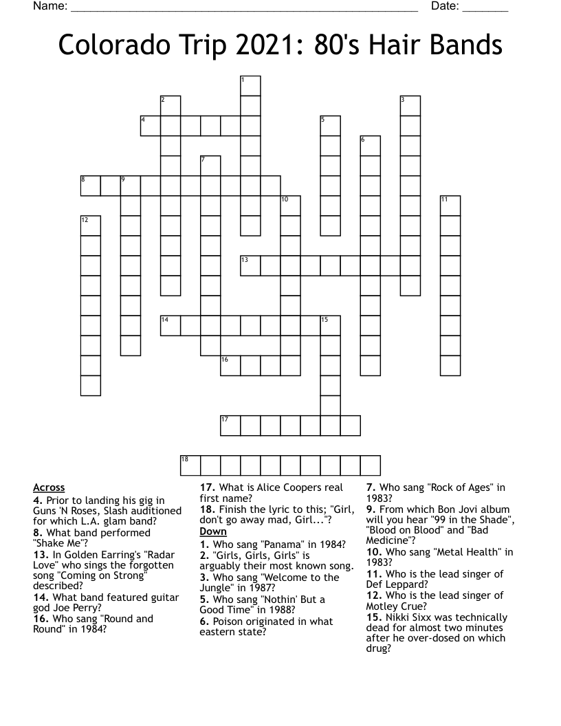 Colorado Trip 2021: 80's Hair Bands Crossword