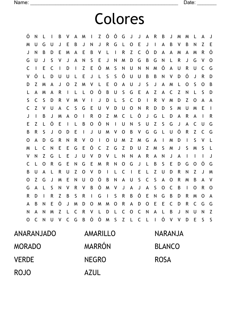 Colores Word Search