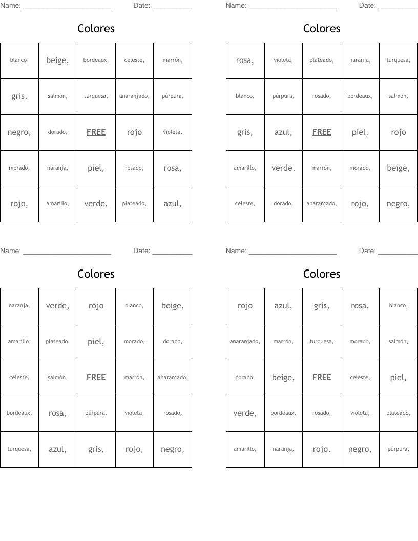 Colores Bingo Cards