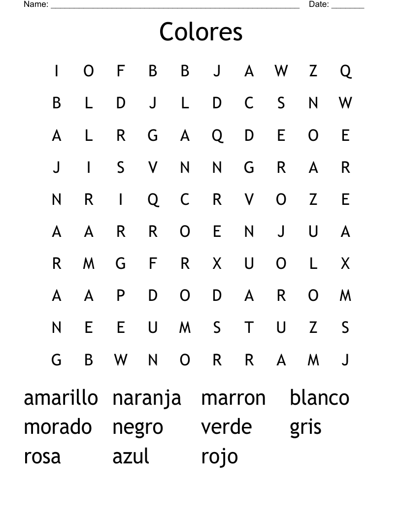 Colores Word Search