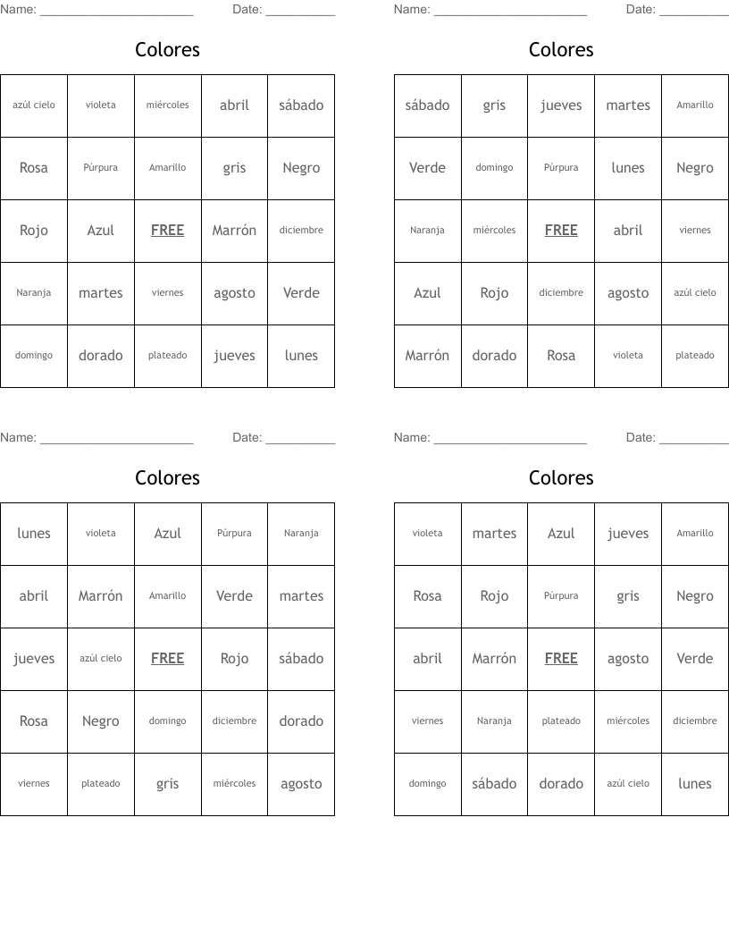 Colores Bingo Cards