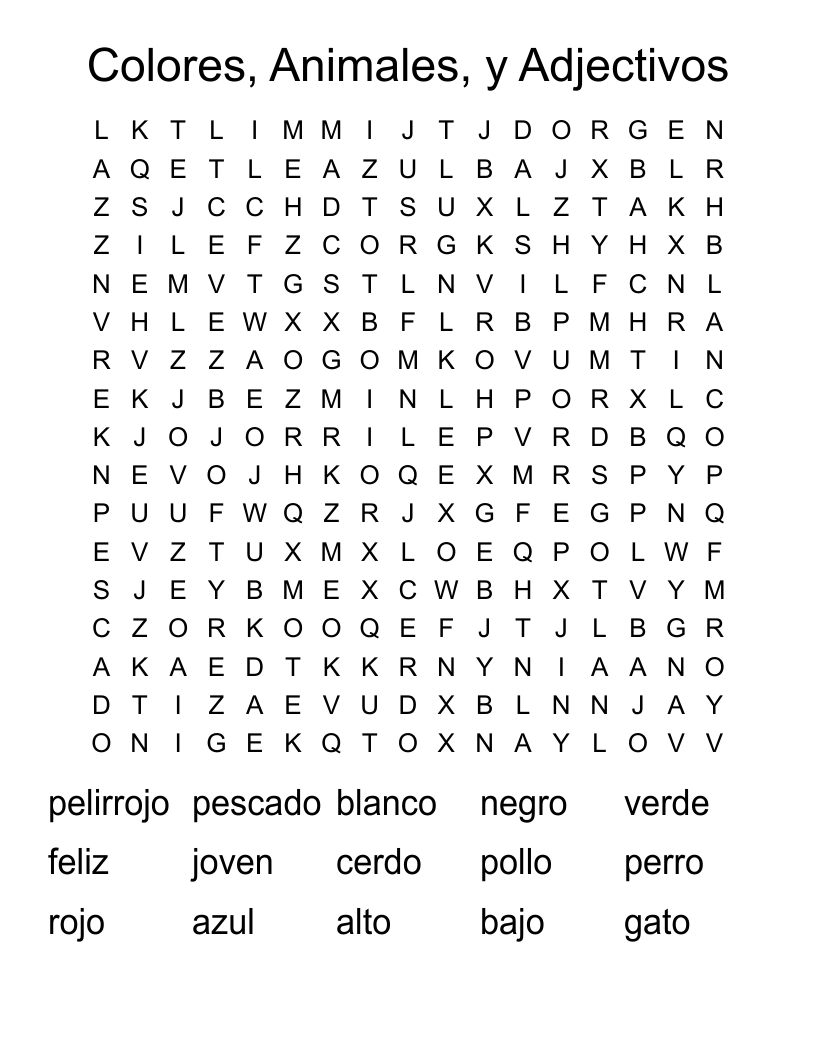 Colores, Animales, y Adjectivos Word Search