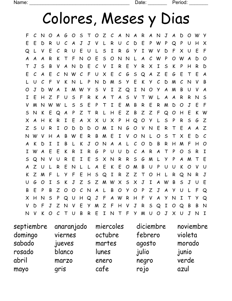 Colores, Meses y Dias Word Search