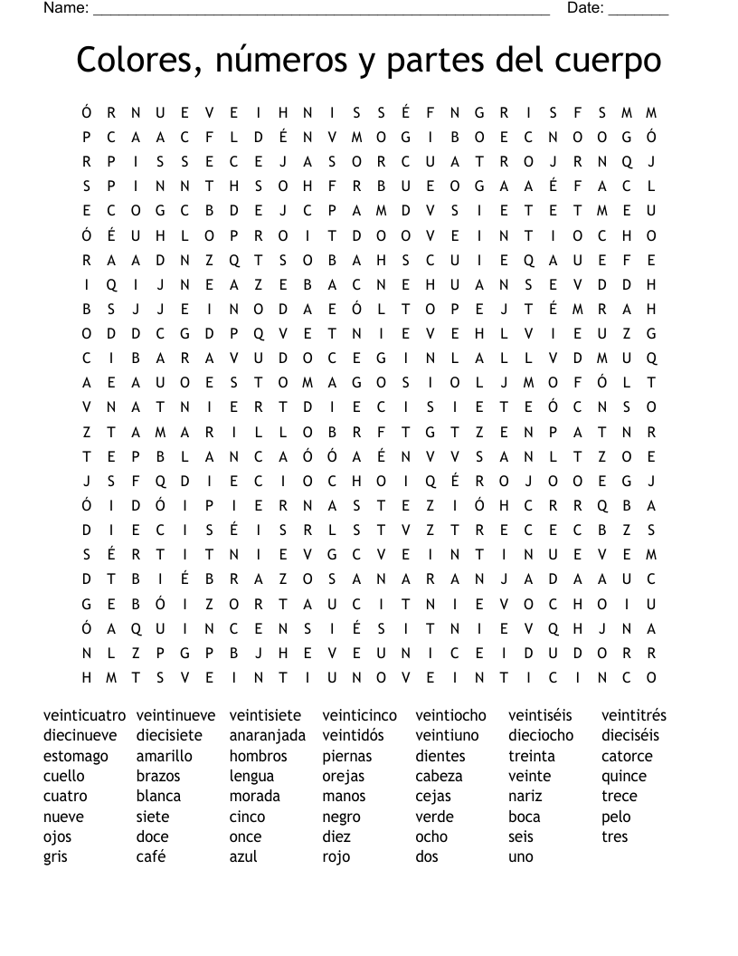 Colores, números y partes del cuerpo Word Search