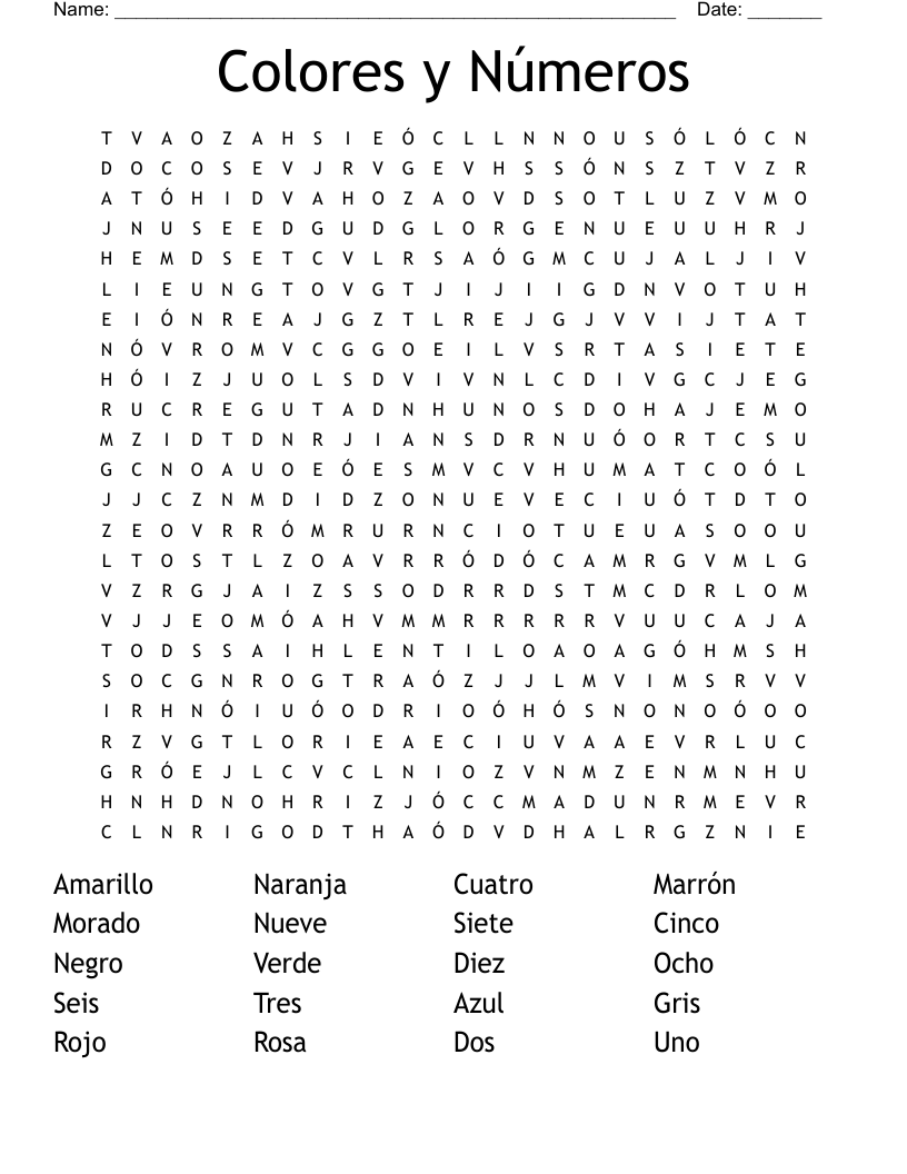 Colores y Números  Word Search