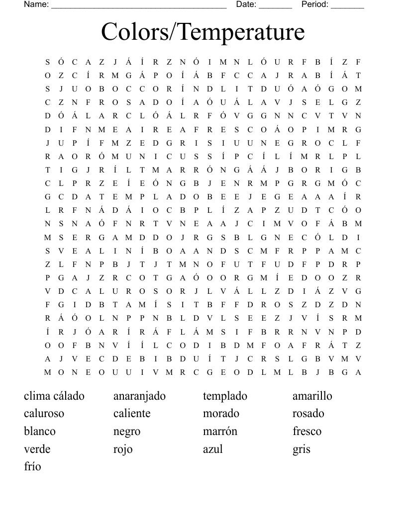 Colors/Temperature  Word Search