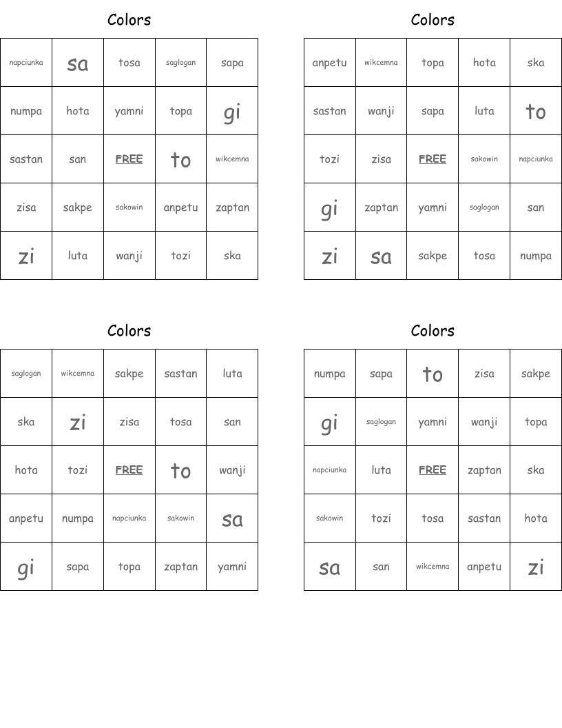 Colors Bingo Cards