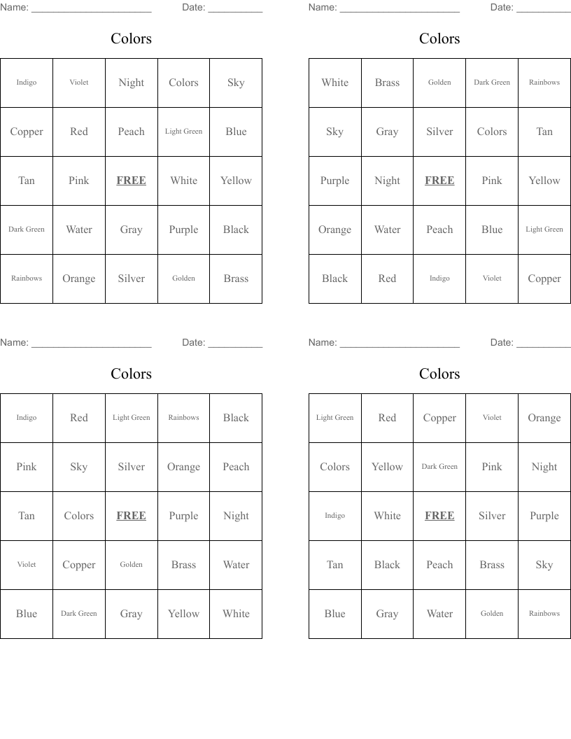 Colors Bingo Cards