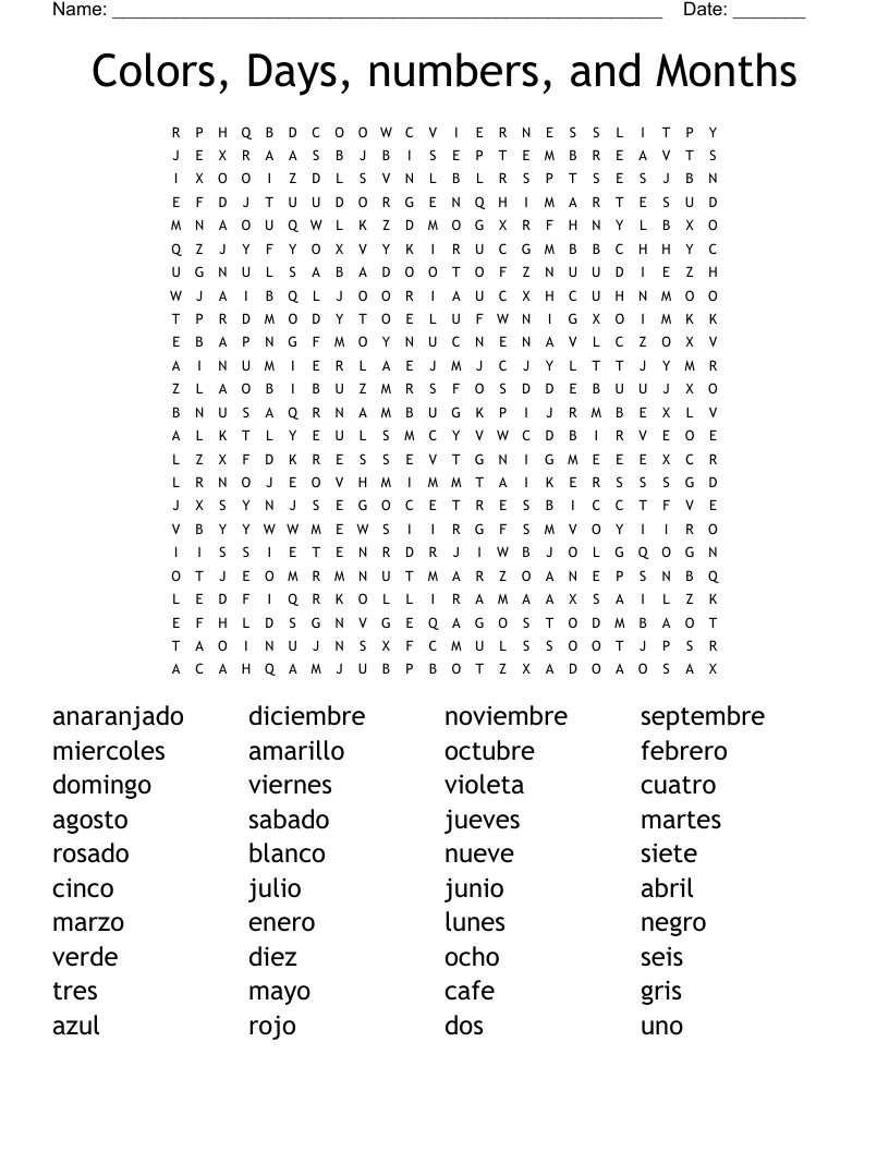 Colors, Days, numbers, and Months Word Search