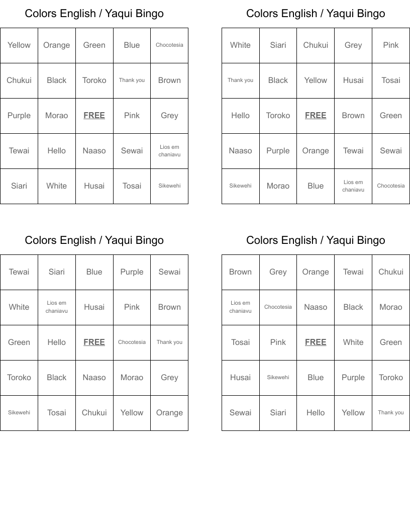 Colors English / Yaqui Bingo
