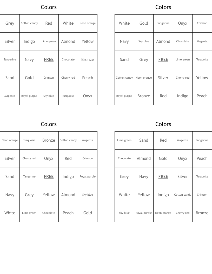Colors  Bingo Cards