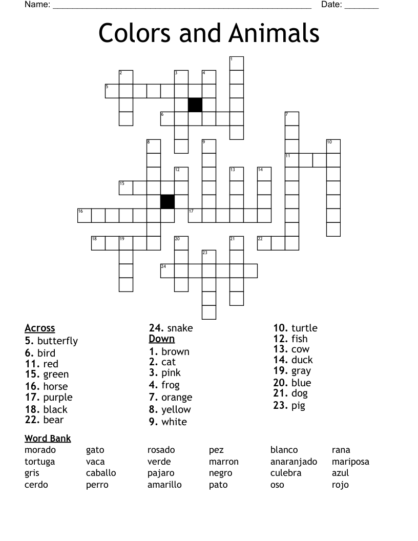 Colors and Animals Crossword