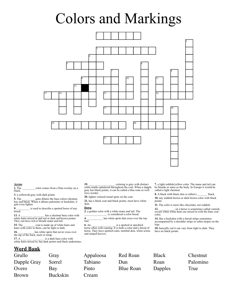 Colors and Markings Crossword